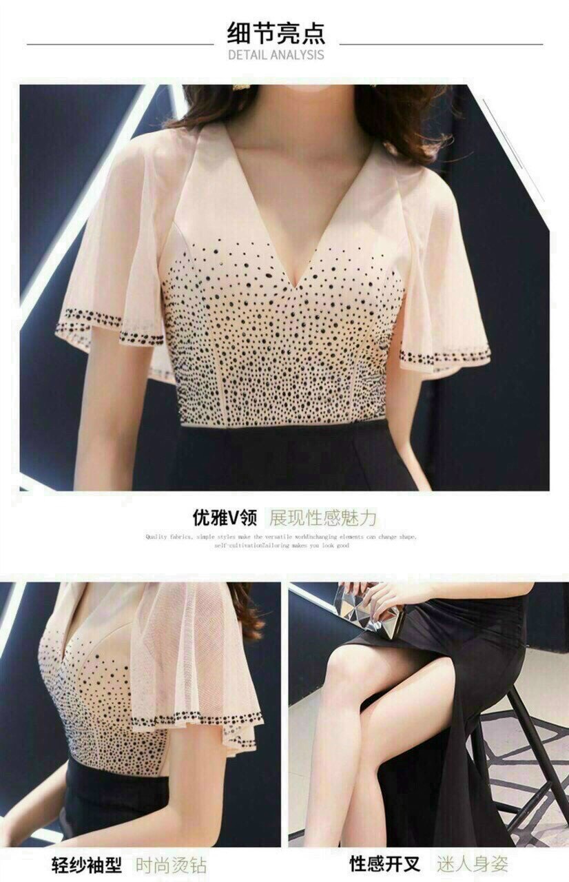 Đầm Dạ Hội cổ V Phối Hạt - HN974